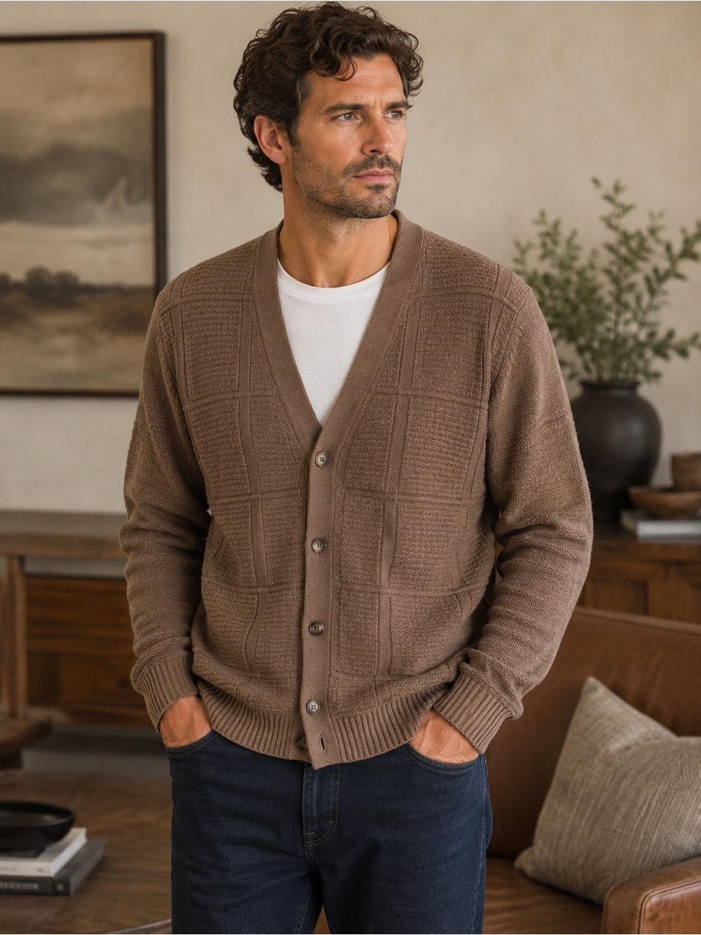 Oscar de la Renta Men’s Brown Textured Knit Button Front Cardigan Sweater